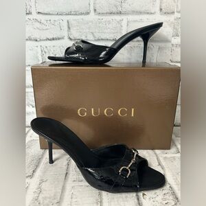 Gucci Guccissima Heeled Slides Size 10.5C Black Leather Kitten Womens 247520